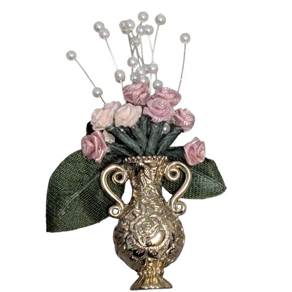 Vintage Gold Vase Brooch with Pink and Green Accents